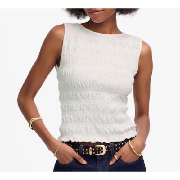 NWOT Madewell‎ Smocked Boatneck Tank Eyelet White Cotton Linen Causal - Picture 1 of 8